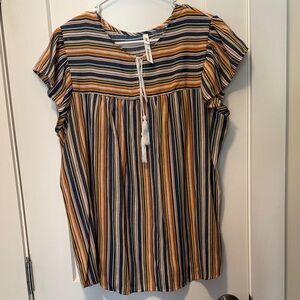 NY Collection Women's Blue and Orange Flutter Sleeve Striped Blouse size XL